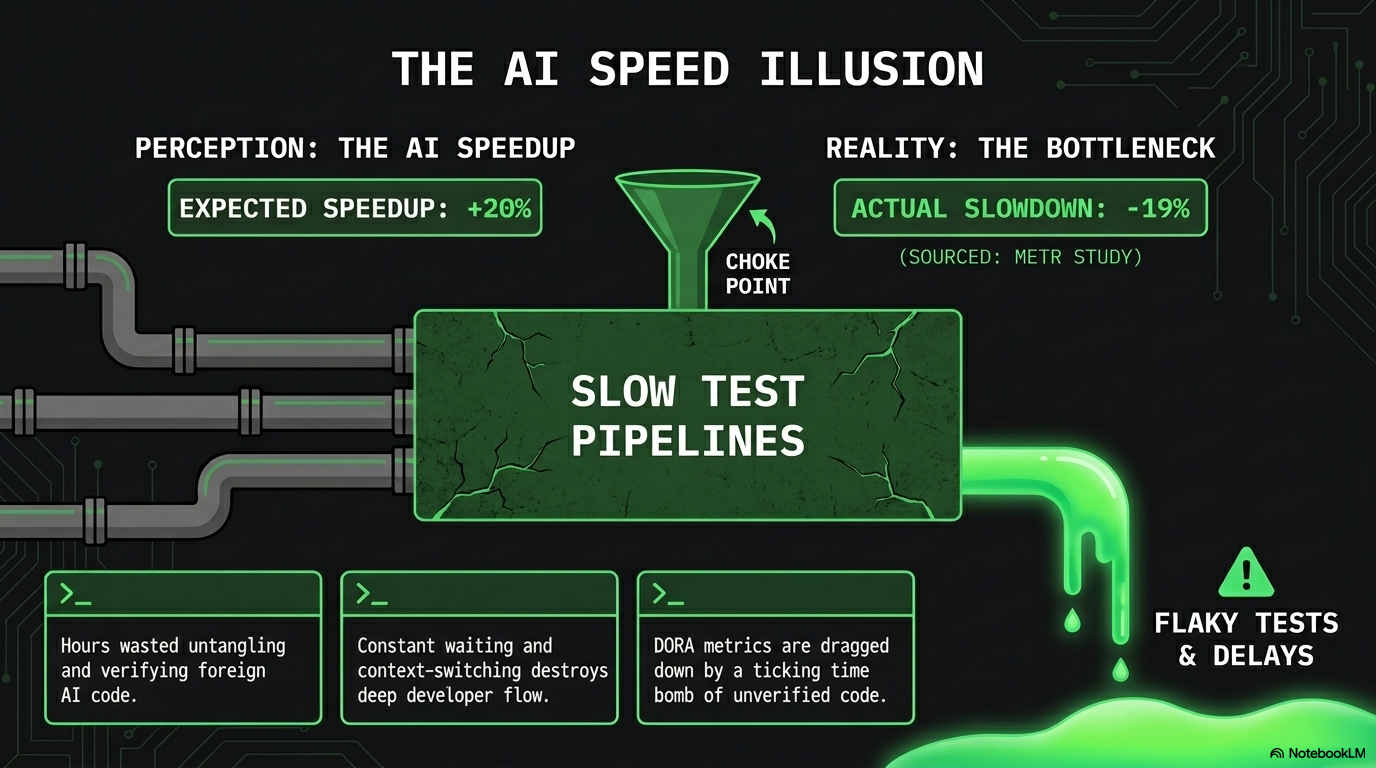 The AI speed illusion: AI generates code in seconds, but verification, tests, and pipelines crawl behind.