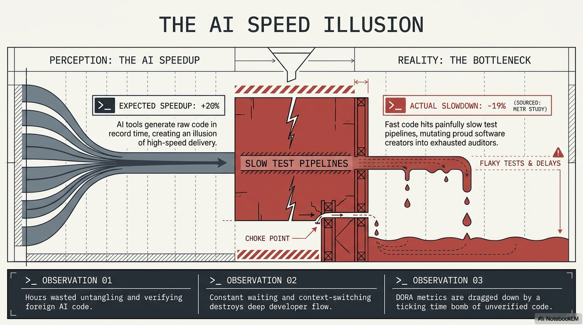 The AI speed illusion: AI generates code in seconds, but verification, tests, and pipelines crawl behind.