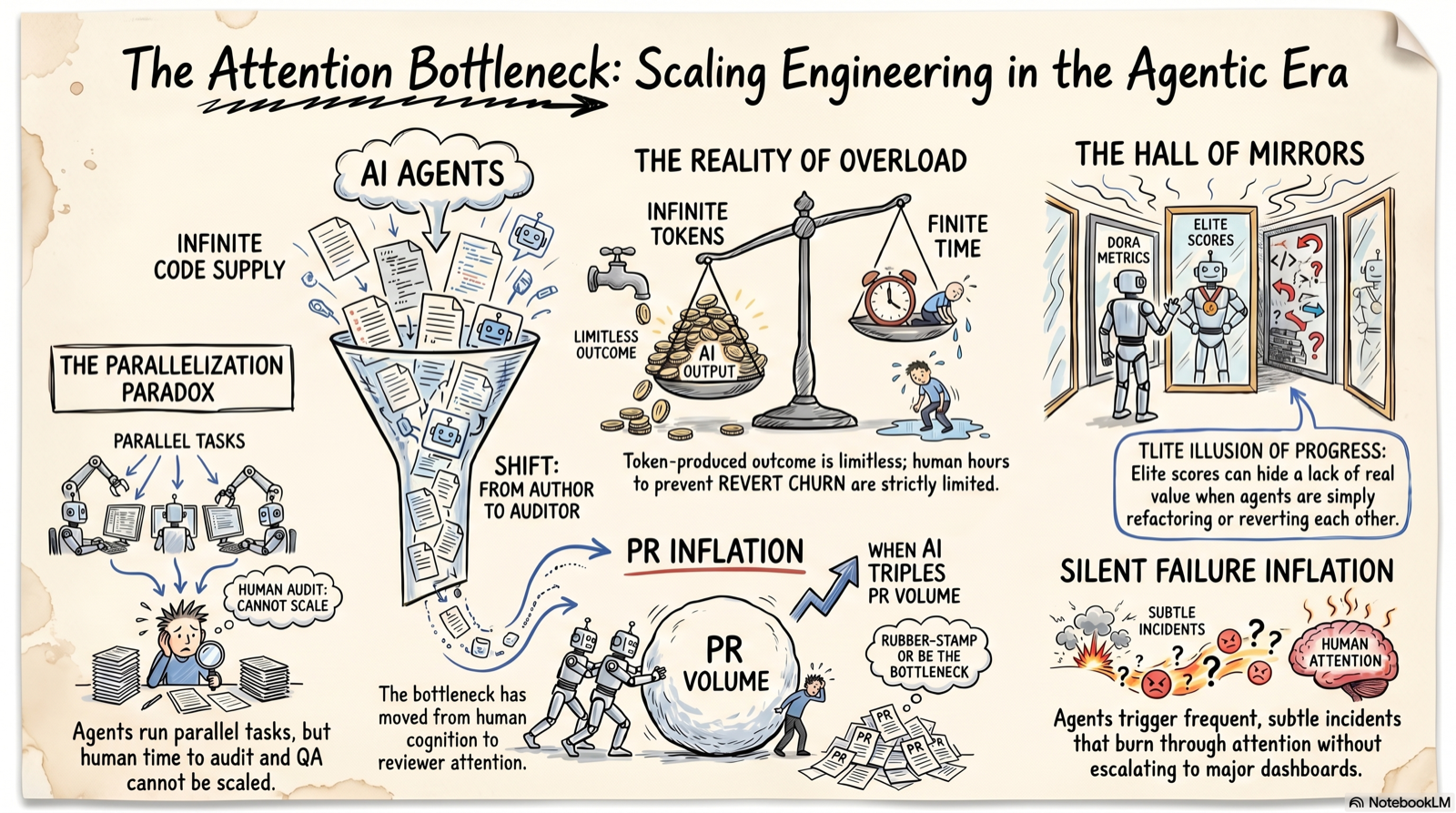 The attention bottleneck: AI agents create an infinite supply of code, but human time to audit, QA, and review it cannot scale - the bottleneck shifts from authoring to reviewing.